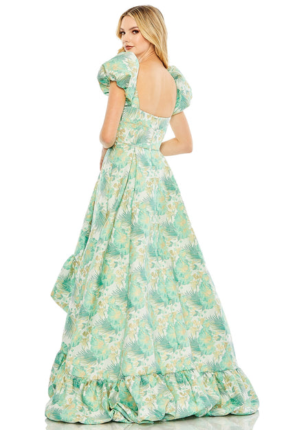 Spring Green Brocade Floral Printed High-Low Gown