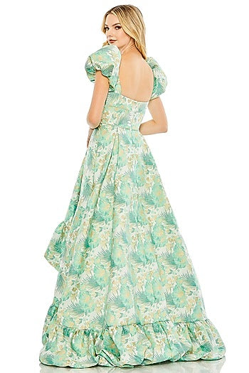 Spring Green Brocade Floral Printed High-Low Gown