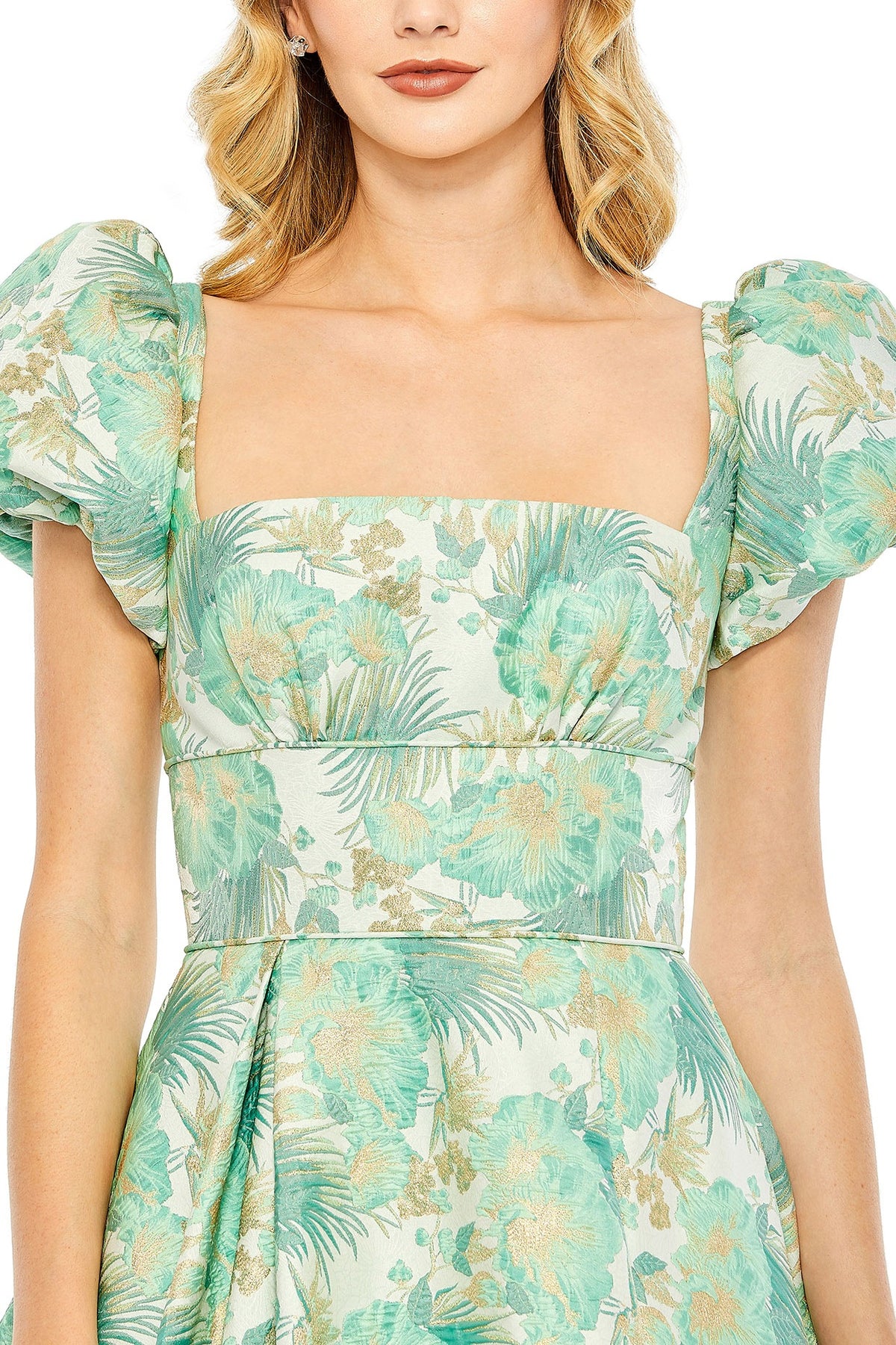 Spring Green Brocade Floral Printed High-Low Gown