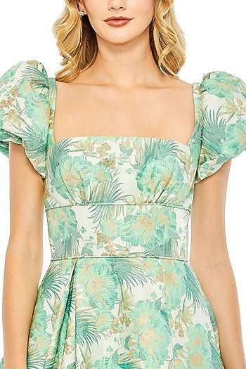 Spring Green Brocade Floral Printed High-Low Gown