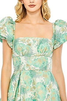 Spring Green Brocade Floral Printed High-Low Gown