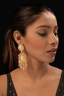 Gold Finish Pearl & Tassel Textured Dangler Earrings
