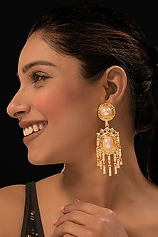 Gold Finish Pearl & Tassel Textured Dangler Earrings