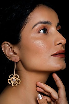 Gold Finish Pearl Floral Hoop Earrings
