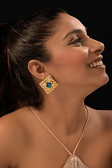 Gold Plated CZ & Emerald Stone Stud Earrings