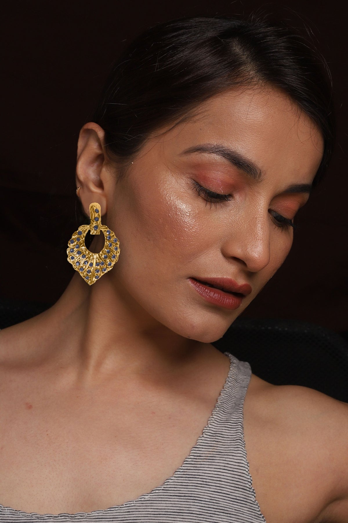 Rose Gold Finish Dark Blue Stone Dangler Earrings