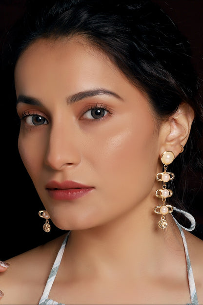 Gold Finish Pearl Textured Dangler Earrings