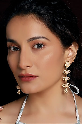 Gold Finish Pearl Textured Dangler Earrings
