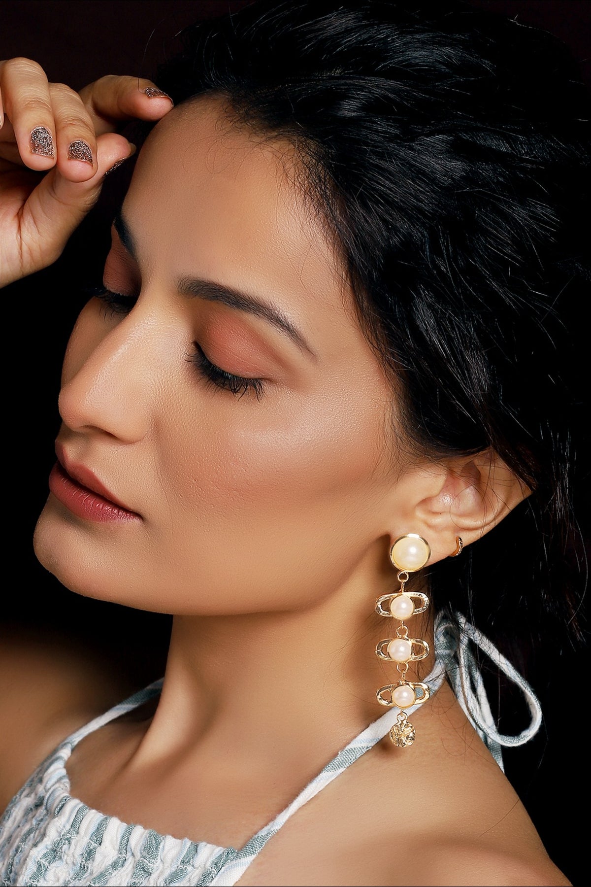 Gold Finish Pearl Textured Dangler Earrings