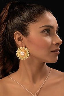 Gold Finish CZ Stone & Pearl Stud Earrings