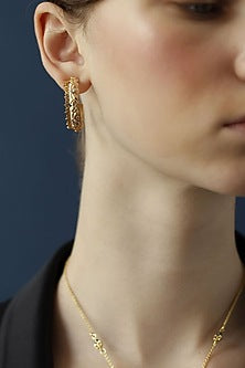 Gold Finish Zircon Enameled Baroque Hoop Earrings