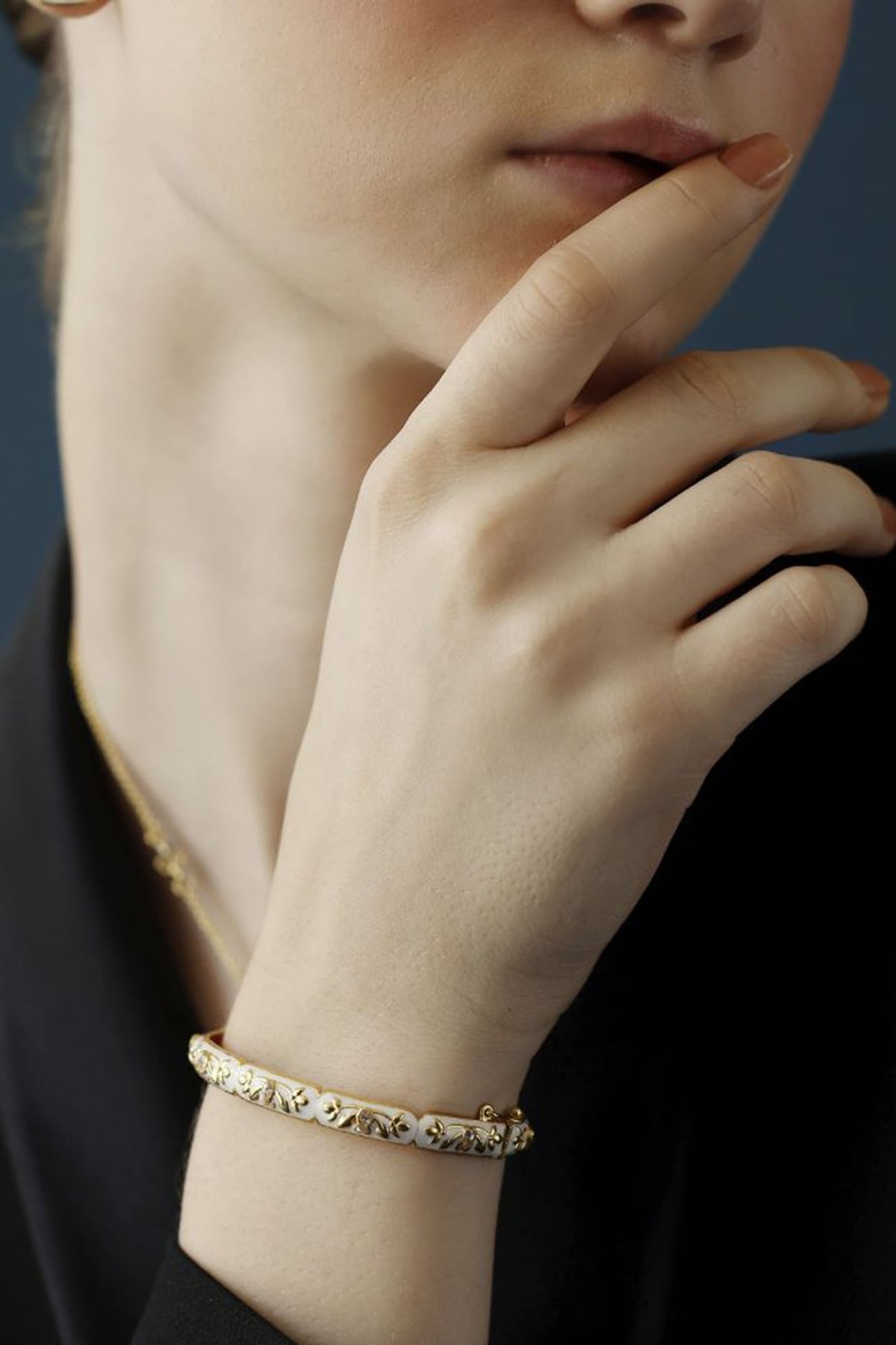 Gold Finish Zircon Enameled Baroque Bangle