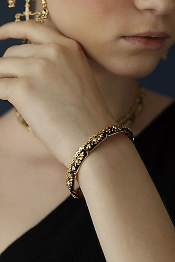 Gold Finish Zircon Enameled Baroque Bangle