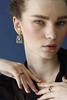 Gold Finish Zircon & Crystal Enameled Baroque Dangler Earrings