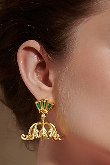 Gold Plated Green Enameled Foilage Dangler Earrings