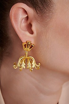 Gold Plated Garnet Enameled Foilage Dangler Earrings