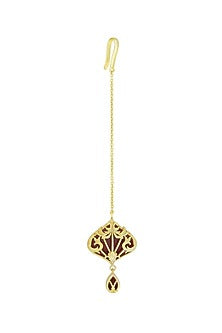 Gold Plated Garnet Enameled Floral Swag Maangtikka