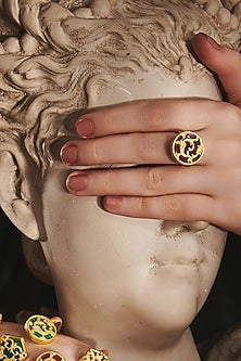Gold Plated Garnet Enameled Floral Disc Ring