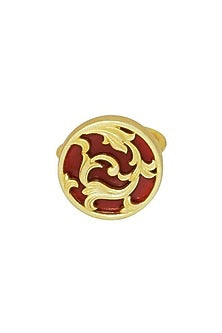 Gold Plated Garnet Enameled Floral Disc Ring