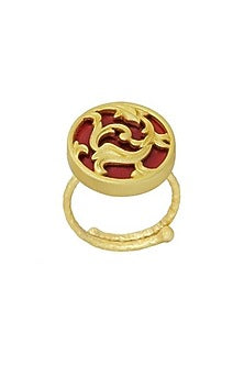 Gold Plated Garnet Enameled Floral Disc Ring