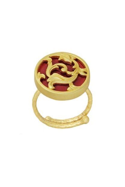 Gold Plated Garnet Enameled Floral Disc Ring