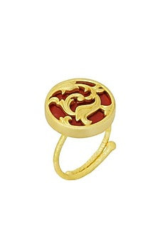 Gold Plated Garnet Enameled Floral Disc Ring