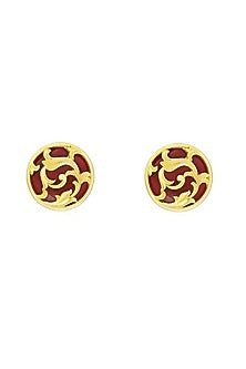 Gold Plated Garnet Enameled Floral Disc Stud Earrings