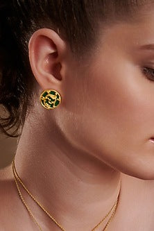 Gold Plated Green Enameled Floral Disc Stud Earrings