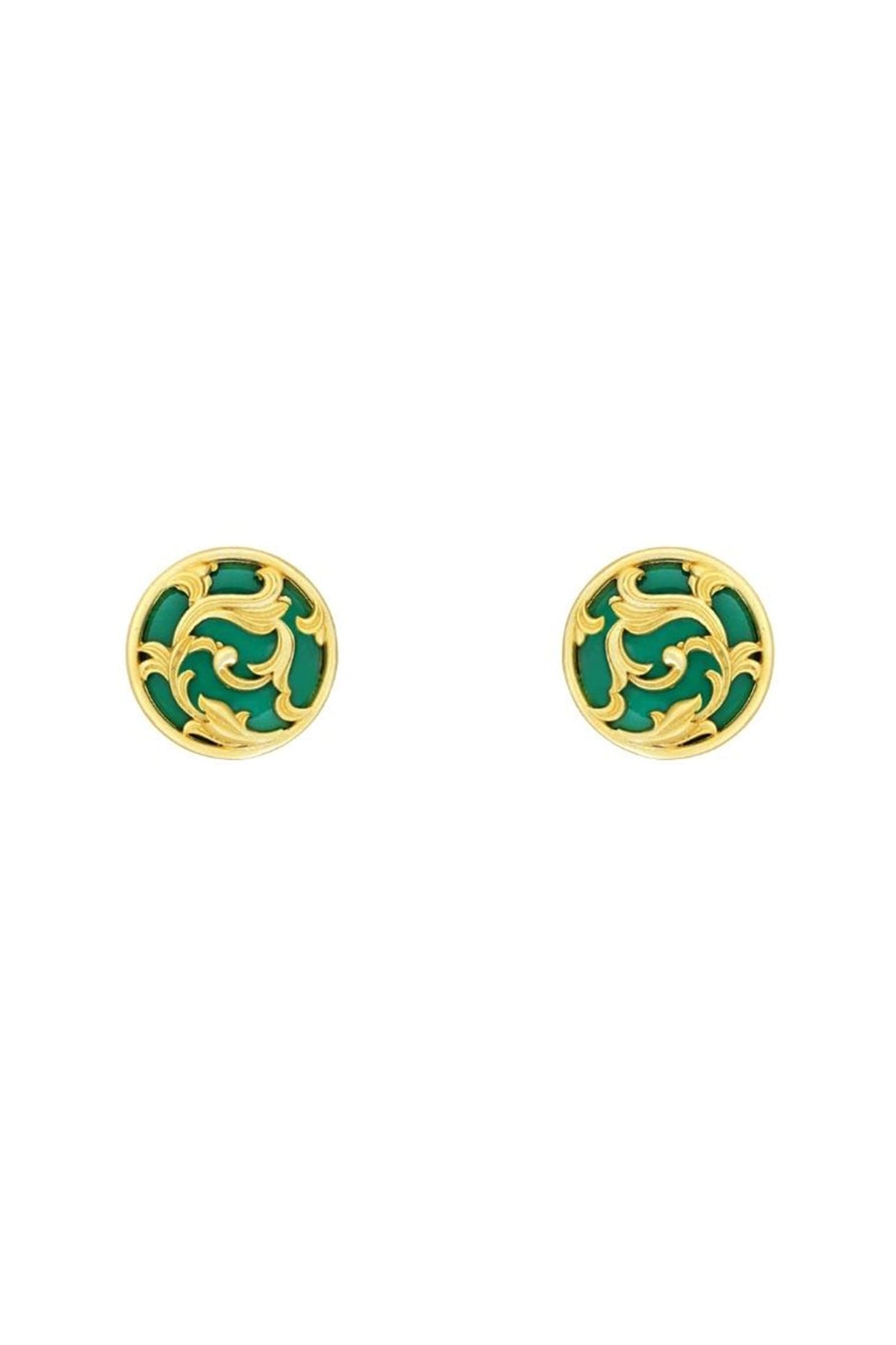 Gold Plated Green Enameled Floral Disc Stud Earrings