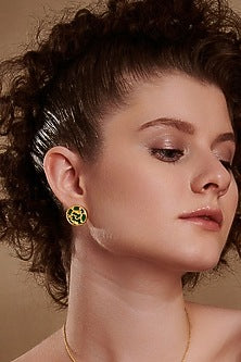 Gold Plated Blue Enameled Floral Disc Stud Earrings