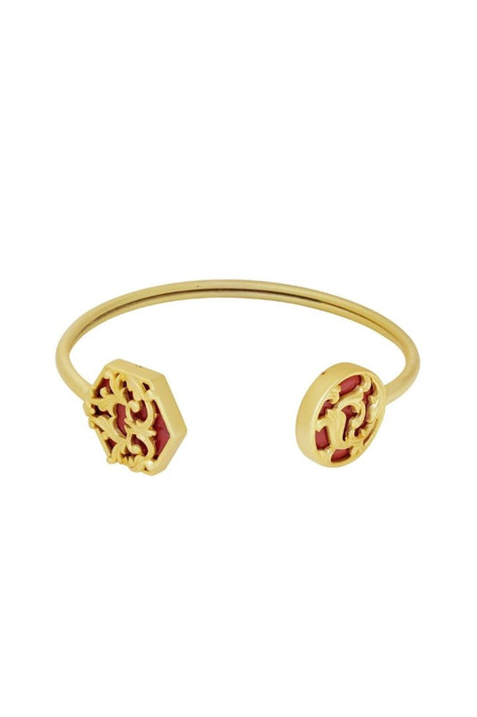 Gold Plated Garnet Enameled Floral Cuff Bracelet