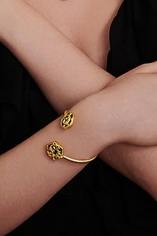 Gold Plated Green Enameled Floral Cuff Bracelet