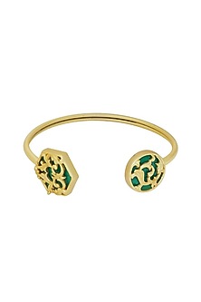 Gold Plated Green Enameled Floral Cuff Bracelet