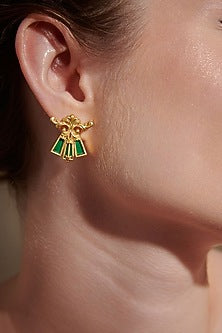 Gold Plated Green Enameled Floral Stud Earrings