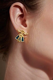 Gold Plated Blue Enameled Floral Stud Earrings