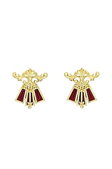Gold Plated Garnet Enameled Floral Stud Earrings