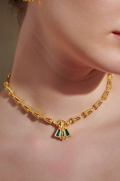 Gold Plated Blue Enameled Floral Necklace