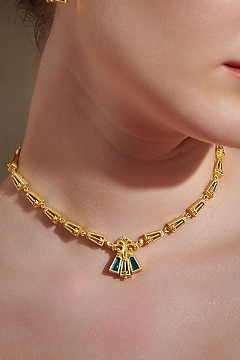 Gold Plated Blue Enameled Floral Necklace