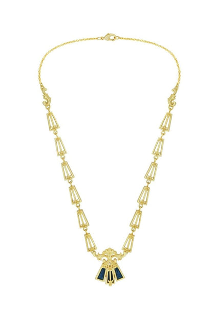 Gold Plated Blue Enameled Floral Necklace