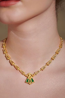 Gold Plated Green Enameled Floral Necklace
