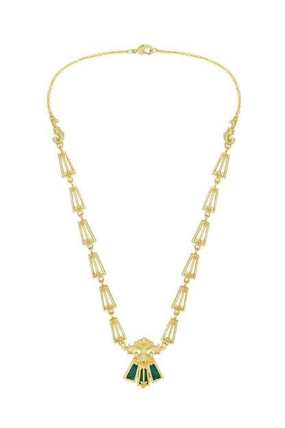 Gold Plated Green Enameled Floral Necklace
