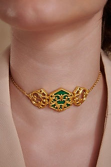 Gold Plated Green Enameled Floral Choker Necklace