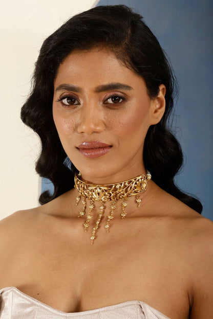 Gold Finish Floral Motif Choker Necklace