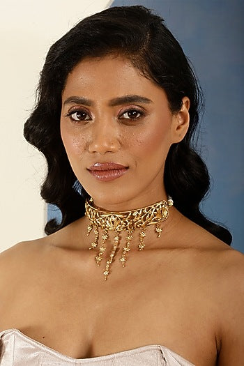 Gold Finish Floral Motif Choker Necklace
