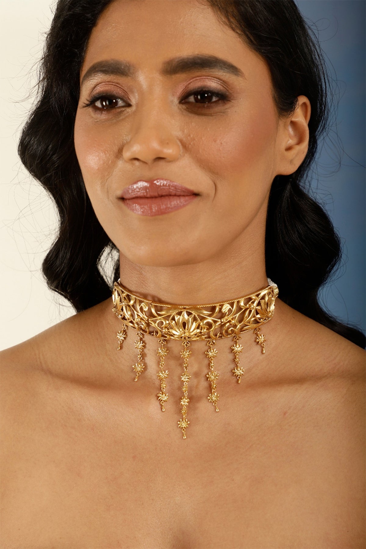 Gold Finish Floral Motif Choker Necklace