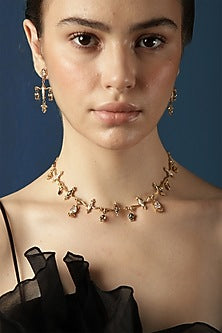 Gold Finish Crystal & Baroque Charm Enameled Necklace