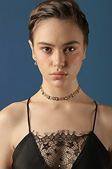 Gold Finish Zircon Baroque Filigree Enameled Choker Necklace