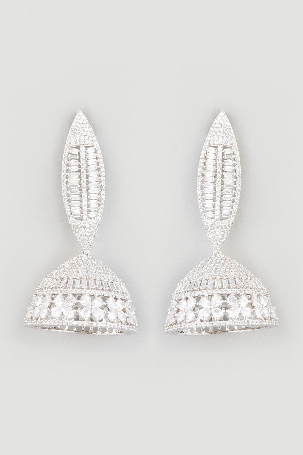 White Finish Zircons Jhumka Earrings In Sterling Silver