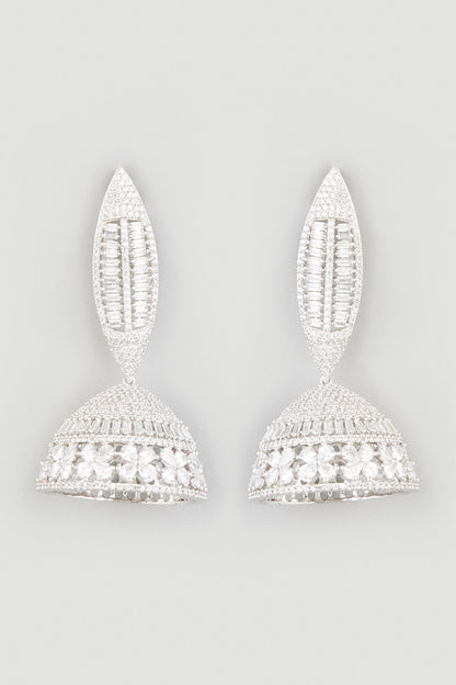 White Finish Zircons Jhumka Earrings In Sterling Silver