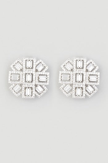 White Finish Zircons Stud Earrings In Sterling Silver